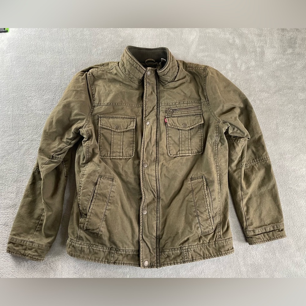 Levi's Field Jacket Mens Medium Olive Military Quilted Lined Zip Snap Utility